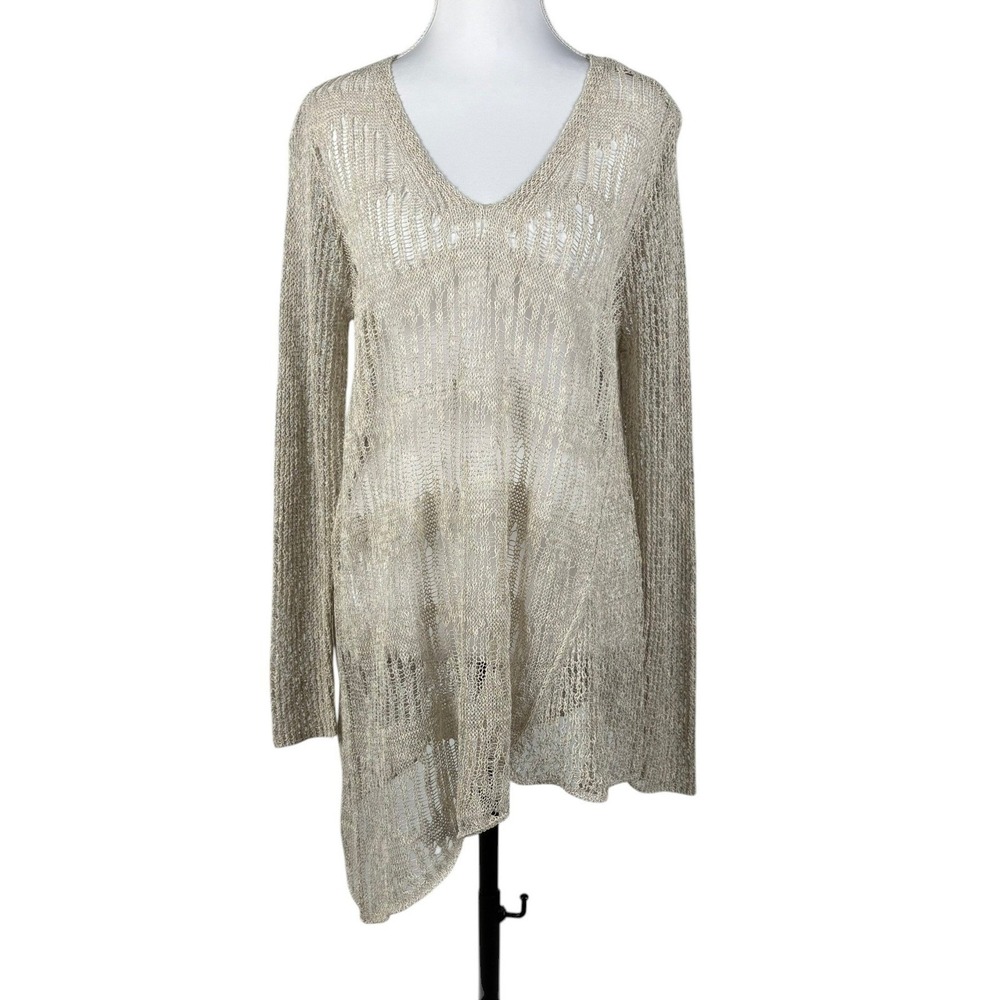 Eileen Fisher Melange Linen Knit Tunic Womens M Beige V Neck Sheer Neutral NEW